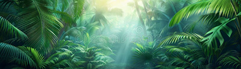 Sunbeams Shining Through Lush Tropical Jungle royalty free illustration