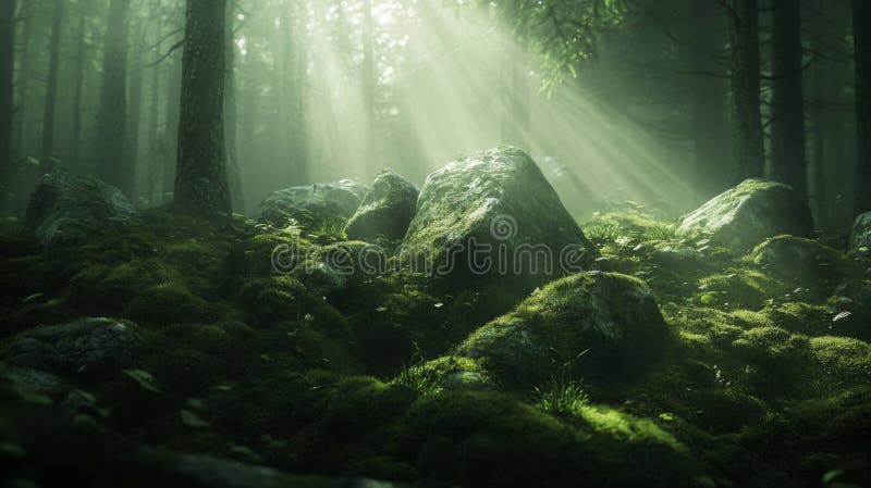 Sunbeams Shining Through a Misty Forest with Rocks and Moss vector illustration