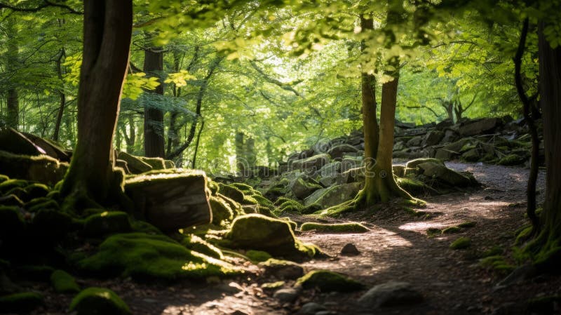 Sunbeams shining through old tree foliage royalty free illustration