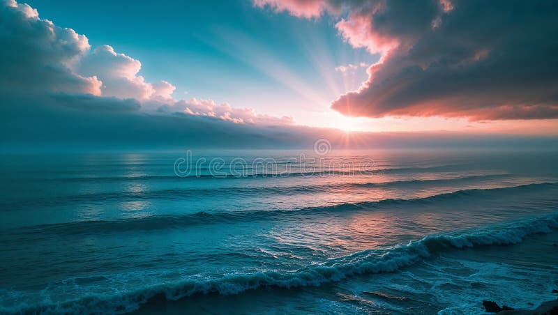 Sunbeams shining through pink clouds over beautiful ocean waves at sunset vector illustration
