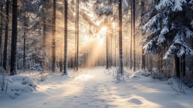 Sunbeams Shining Through a Snow-Covered Forest Path royalty free illustration