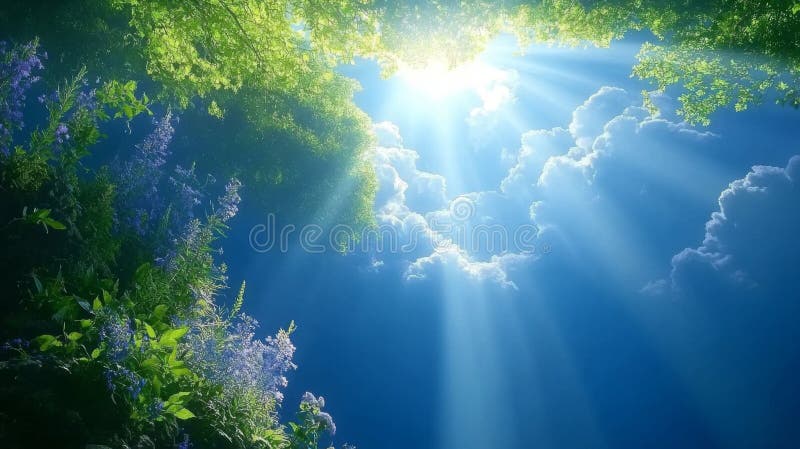 Sunbeams Shining Through Trees and Clouds royalty free illustration