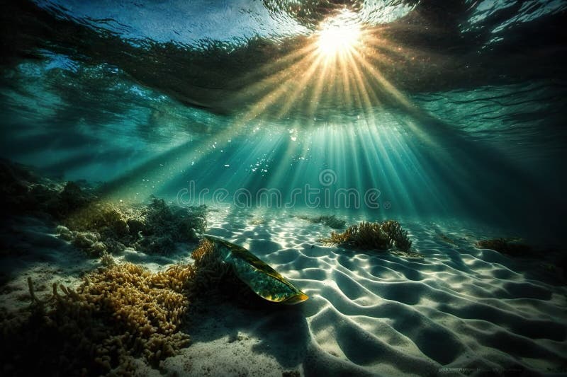 Sunbeams Underwater on the Seabed with Plants Generative AI Stock