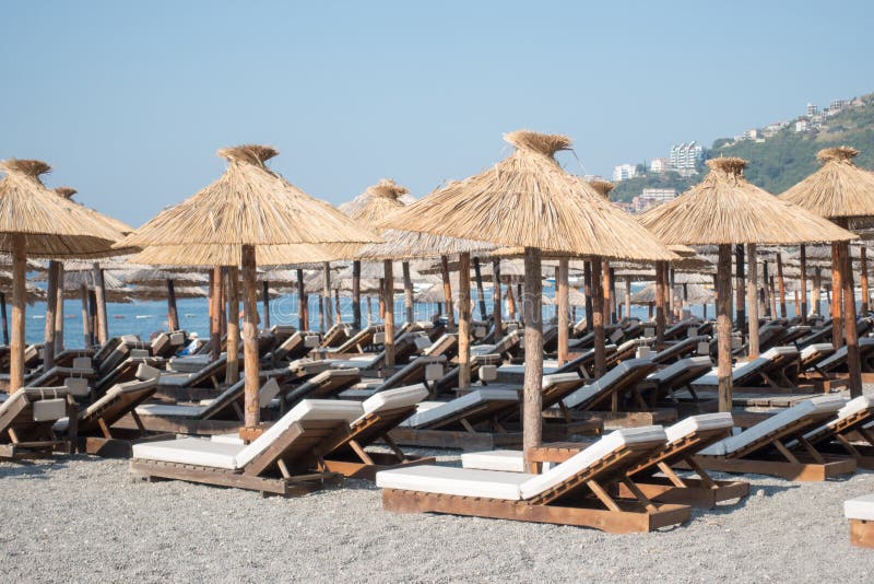 Sunbeds on sandy beach stock photo. Image of chill, rest 98619036