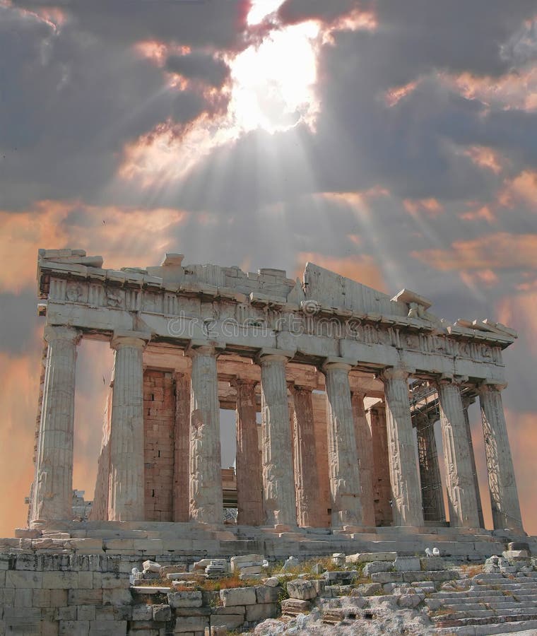 Sunburst over the Acropolis. Sun bursting through clouds dramatically over the Parthenon Acropolis, Athens Sunburst over the Acropolis. Sun bursting through clouds dramatically over the Parthenon Acropolis, Athens