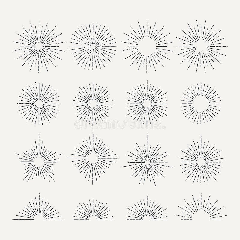 Sunburst retro icon set. Line drawing of sunshine. Abstract vector illustration