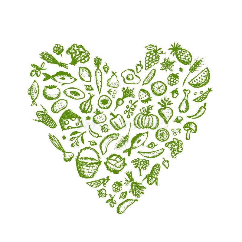 Healthy food background, heart shape sketch for your design. This is file of EPS10 format. Healthy food background, heart shape sketch for your design. This is file of EPS10 format.