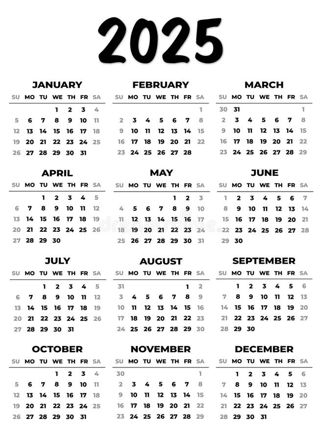 Sunday 2025 ritratto bianco e nero. Calendario solare 2025 inizio ritratto nero e bianco calendario solare 2025 inizio verticale modello di calendario bianco e nero. calendario semplice per l'anno 2025 isolato su sfondo bianco. illustrazione vettoriale.