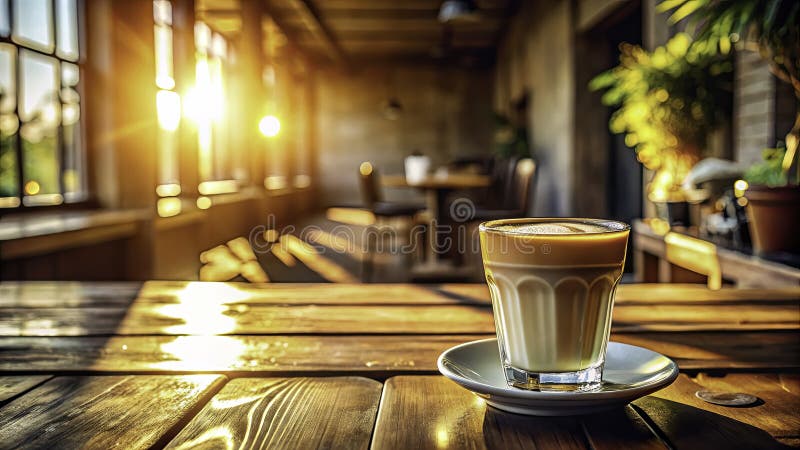 SunDrenched Latte in un bar Rustic Momento mattutino accogliente catturato in dettaglio sorprendente royalty illustrazione gratis