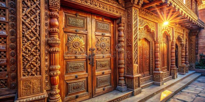 SunDrenched Spanish Colonial Entranceway Intricate Wood Carvings and Architectural Detail stock illustration