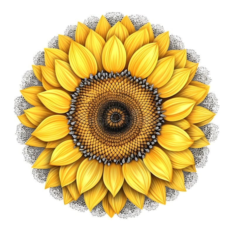 Sunflower Drawing with a Black Outline on a White Background Stock