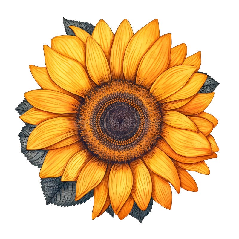 Sunflower Drawing with a Black Outline on a White Background Stock
