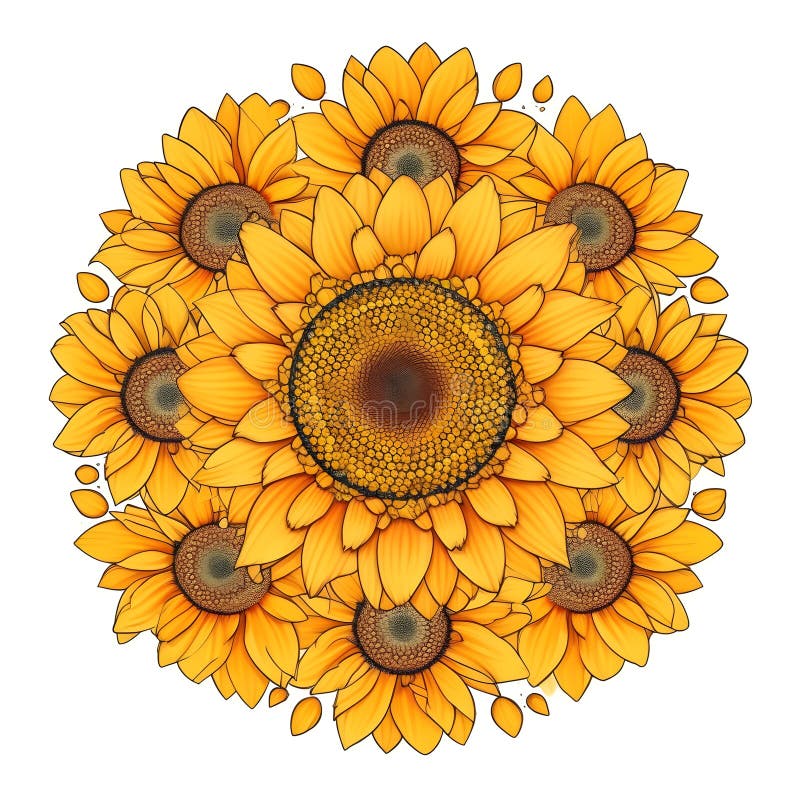 Sunflower Drawing with a Black Outline on a White Background Stock