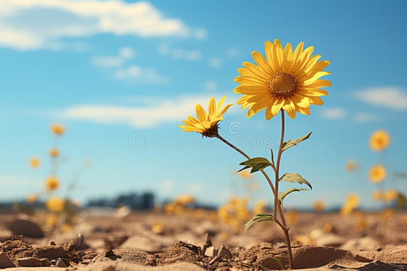 A Sunflower Growing Out of the Ground in the Middle of a Field Stock