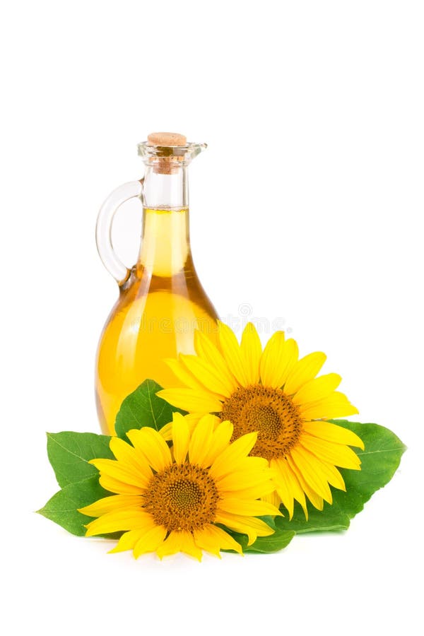 Sunflower Oil and Flower Isolated on White Background Stock Photo