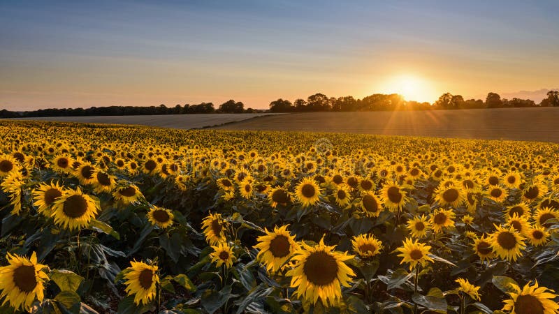 Sunflower sunset landscape with setting sun. Looking across a field of sunflowers at sunset as the sun slowing disappears behind some distant trees royalty free stock images Sunflower sunset landscape with setting sun. Looking across a field of sunflowers at sunset as the sun slowing disappears behind some distant trees royalty free stock images