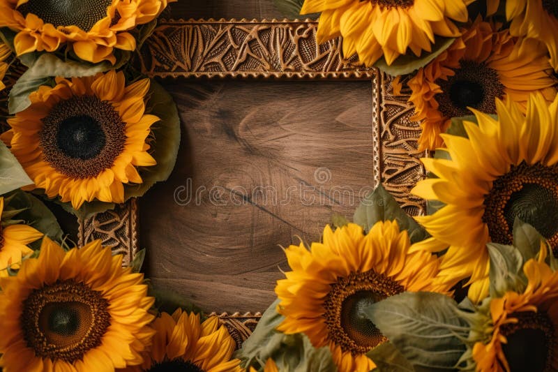 Sunflower wreath on yellow background. Flat lay, top view. stock illustration
