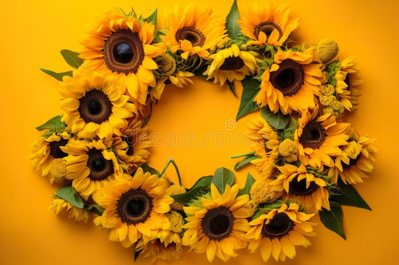 Sunflower wreath on yellow background. Flat lay, top view. stock illustration
