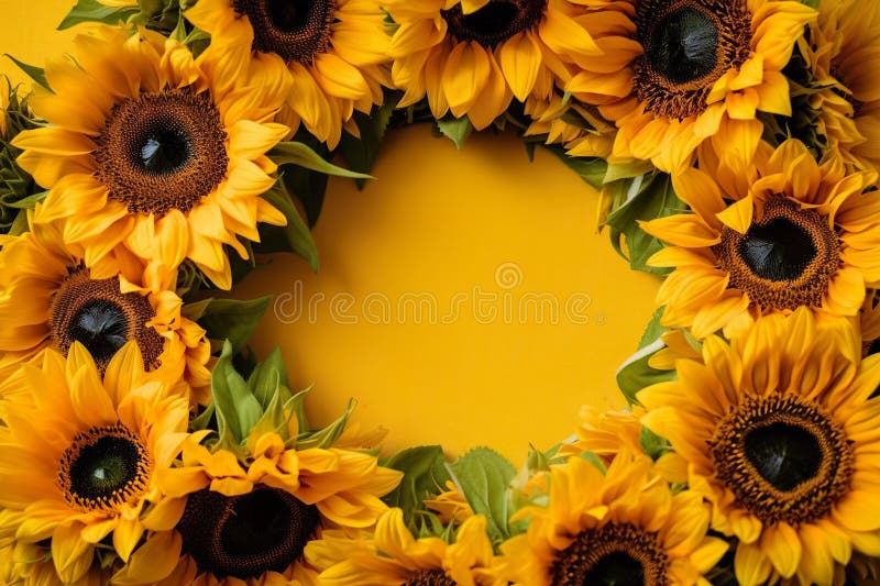 Sunflower wreath on yellow background. Flat lay, top view. stock illustration