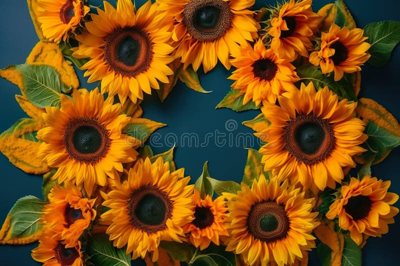 Sunflower wreath on yellow background. Flat lay, top view. vector illustration