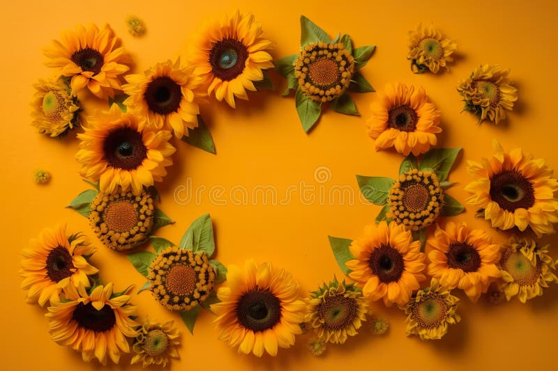 Sunflower wreath on yellow background. Flat lay, top view. vector illustration