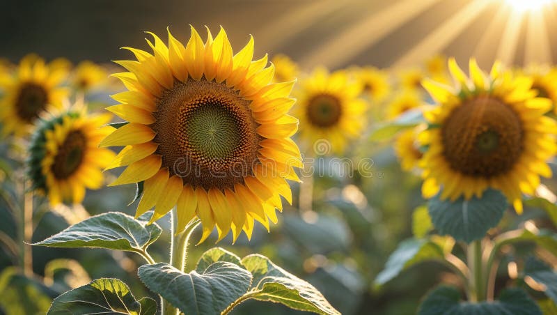 Sunflowers blooming in field at sunset with sunbeams shining through petals royalty free illustration