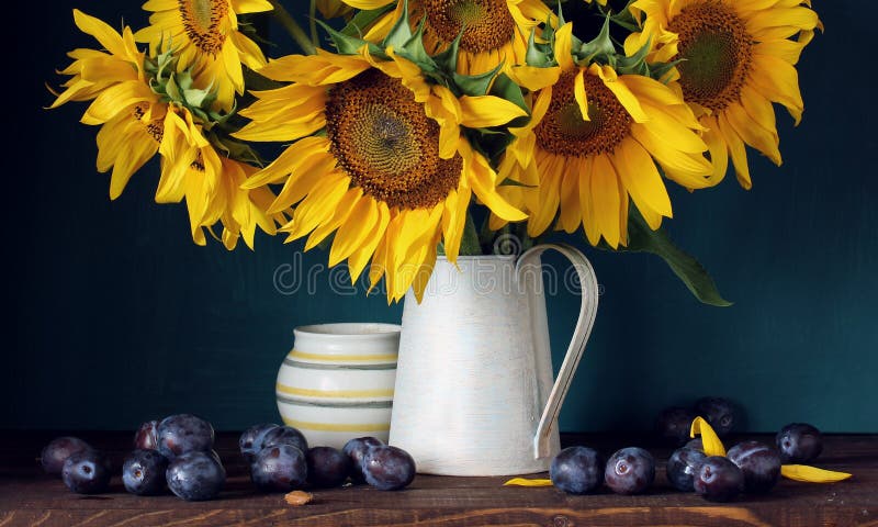Sunflowers and purple plums. flowers and fruit