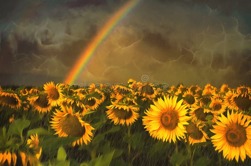 Sunflowers And Rainbow Stock Photo Image Of Landscaped 72900902