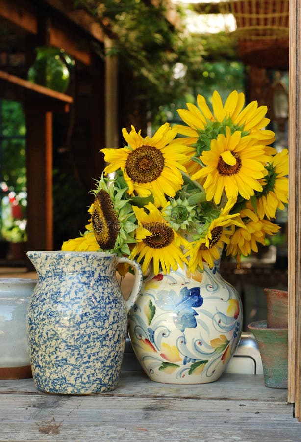 Sunflowers in vase stock photo. Image of clay, still 26709846