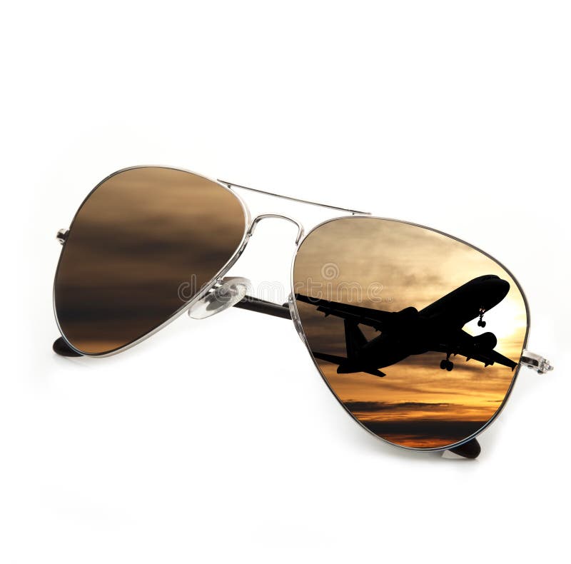Sunglasses with Airplane in White Background Stock Image Image of