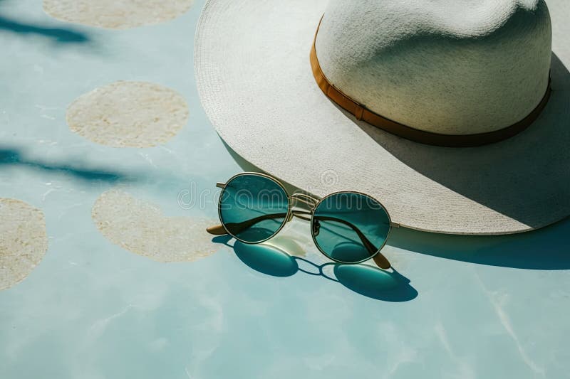 Sunglasses and straw hat on marble swimming pool side. Illustration AI Generative vector illustration
