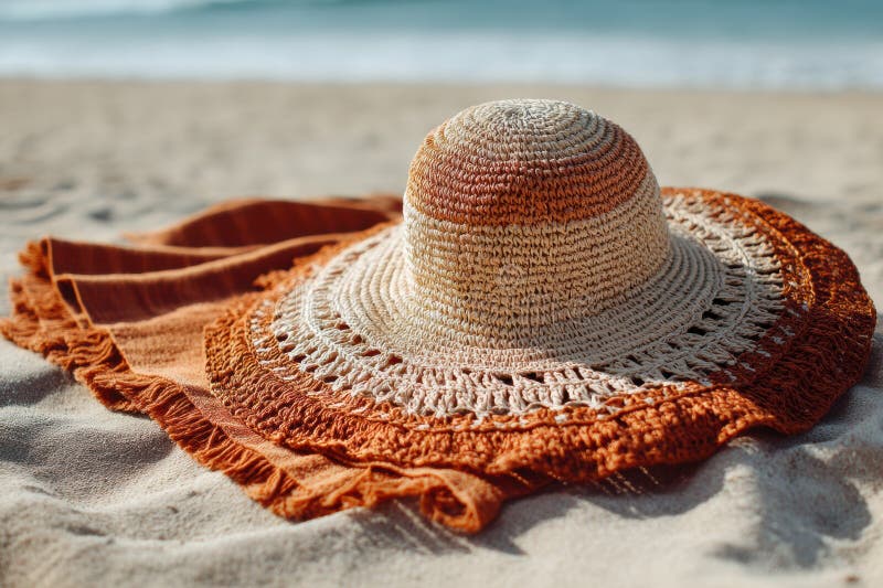 Sunhat Resting on a Towel Beside Sandy Beach During a Sunny Day by the Ocean Waves Generative AI stock photos