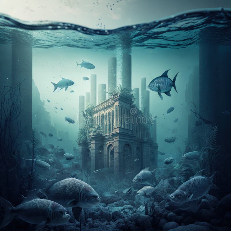 Sunken city under the sea. Imagine the lost city of Atlantis, fish swimming around the ruins of buildings. Generative AI