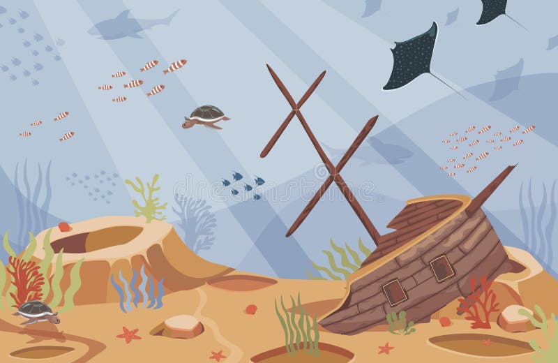 Sunken ship vector flat illustration. Broken boat underwater in a blue sea. Coral reef, tropical fish, stingrays, and