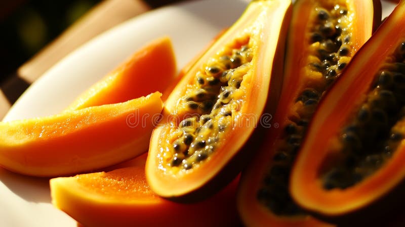SunKissed Papaya Halves Arrangement on Elegant White Plate creato con strumenti generici AI royalty illustrazione gratis