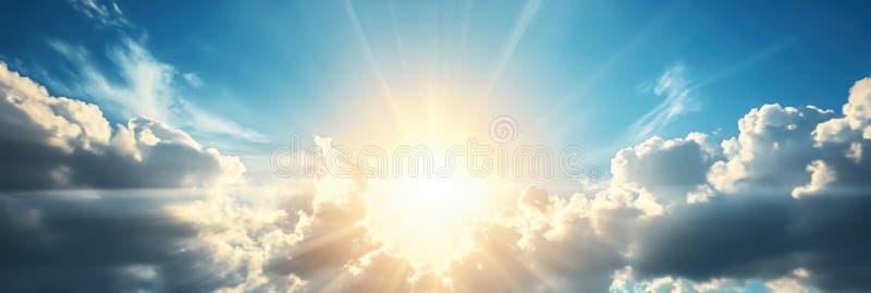 Sunlight beams through fluffy clouds in a bright blue sky, creating a serene atmosphere. stock photography