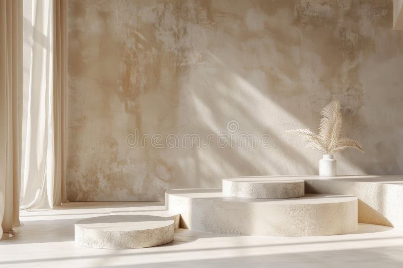 Sunlight casting shadows on empty minimal podiums for product placement royalty free illustration