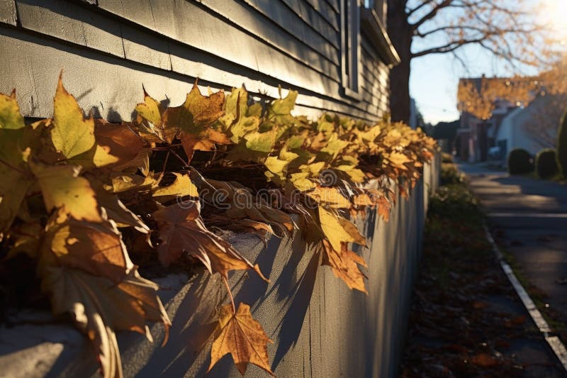 Sunlight casting shadows on leaves in gutter stock photo