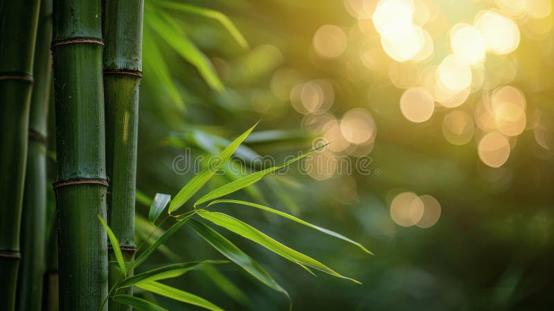 Sunlight Filtering Through Bamboo Leaves. A bamboo tree with sunlight filtering through its leaves, creating a striking pattern of light and shadow. AI Generative AI generated