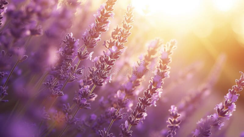 Sunlight filtering through a bundle of lavender creating a serene and peaceful scene stock image