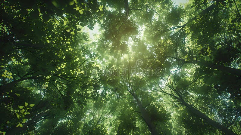 Verdant canopy under sunlight: a tranquil forest scene, ideal for calming backgrounds and nature themes in various media