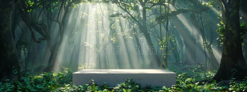Sunlight filtering through the forest, creating a shimmering effect on a glossy podium. Picture a tranquil forest with sunlight filtering through green canopy, illuminating a sleek podium in lush foliage. A peaceful and enchanting scene in natures pristine wilderness AI generated