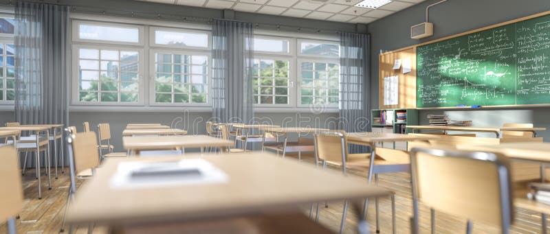 Sunlight illuminates an empty classroom 3d royalty free illustration