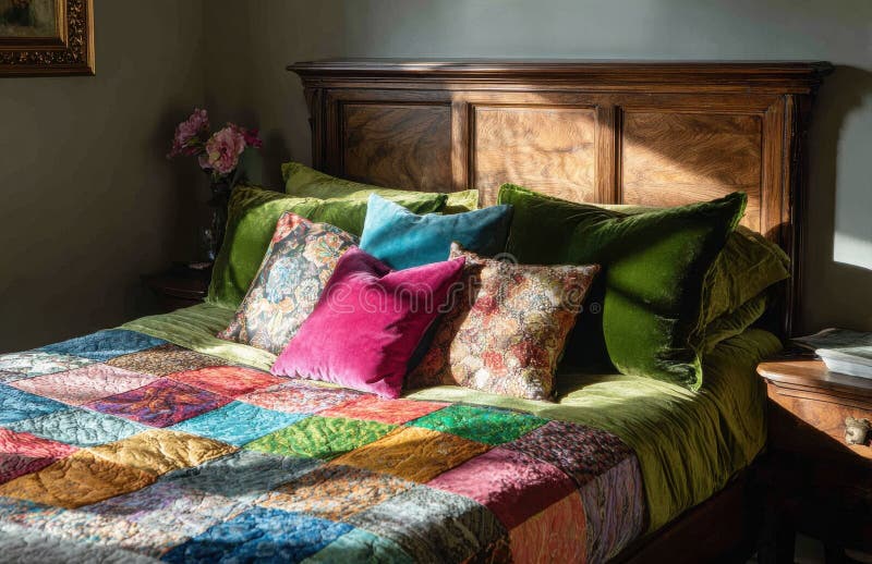 Sunlight illuminating colorful patchwork quilt on bed with velvet pillows royalty free stock images