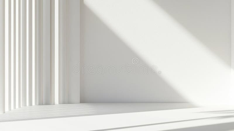 Sunlight illuminating white minimal empty room with architectural vertical stripes and a horizontal surface, creating a modern and royalty free illustration