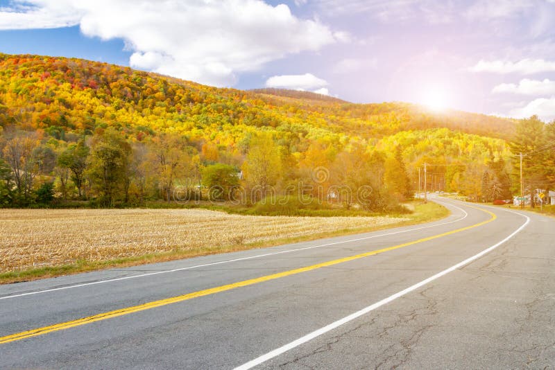 Sunlight shines above empty highway road through colorful fall forest stock images