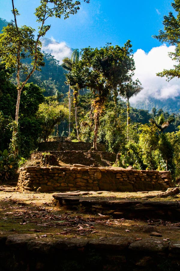 the sunlight shows us four terraces of the ancient ones of the entrance to the lost city