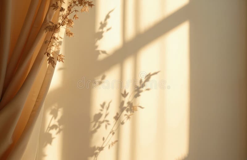 Sunlight silhouette on beige fabric background. Dry leaves, shadows on wall create aesthetic minimalist look. Natural light, home stock illustration