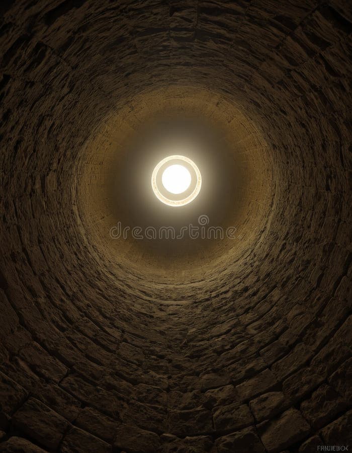 Sunlight streaming into ancient stone well stock image