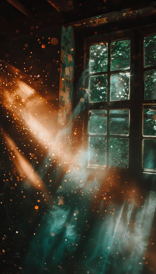 Sunlight Streaming Through Dusty Window of Abandoned Building, Creating Ethereal Glowing Effect vector illustration